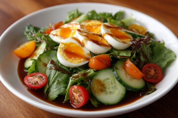Fresh mixed greens salad with sliced boiled eggs, cherry tomatoes, and cucumber drizzled with