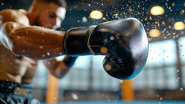 close-up of boxing mitts mid-air, caught during training punch, motion blur with sharp focus on leather grain and sweat mist, controlled indoor lighting