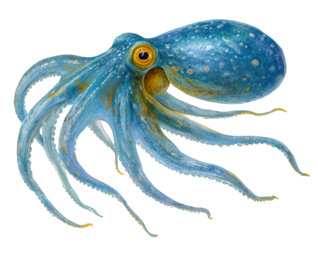 Vibrant blue octopus with long, flowing tentacles gracefully swims through water, showcasing its intricate patterns and textures. This marine creature embodies beauty and mystery of ocean life