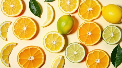 Obraz premium Citrus fruit slices arranged on a pale yellow background.