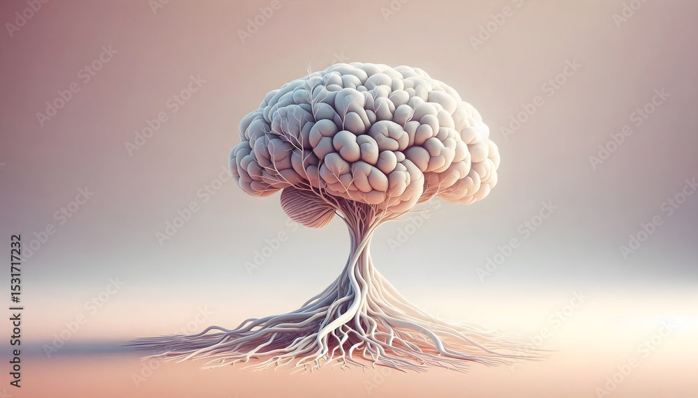 Poster artistic representation of brain-tree concept standing on soft background with open space highlighti