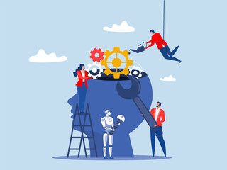 Team for mechanical repairs,diverse people adjusting a gear mechanism inside the head silhouette,Business Improvement concept. vector