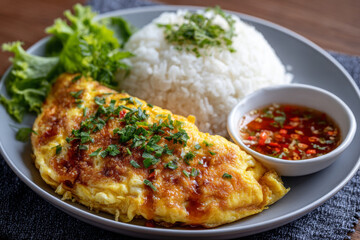 Delicious omelet served with rice and chili sauce, garnished with fresh herbs