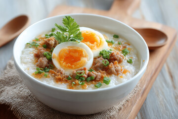Creamy rice porridge topped with minced pork, soft boiled eggs, and fresh herbs