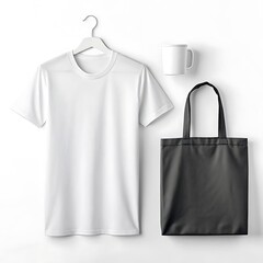A white t-shirt on a hanger, a black tote bag, and a white mug are neatly arranged on a white background.