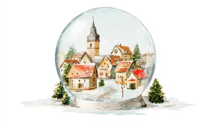 Cozy Christmas Village Snow Globe Watercolor Painting