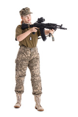 Young female soldier with assault rifle isolated on white