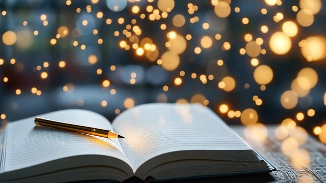 Open book with pencil bokeh lights wooden surface for educational or creative background