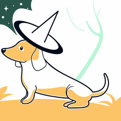 Cute Dachshund Dog in Witch Hat - Halloween Cartoon Illustration