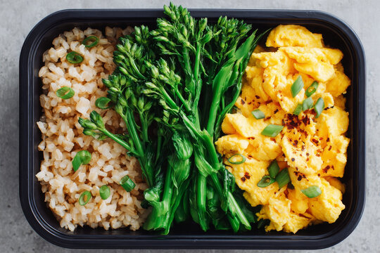 Healthy meal prep with scrambled eggs, brown rice, and fresh greens for nutritious boost
