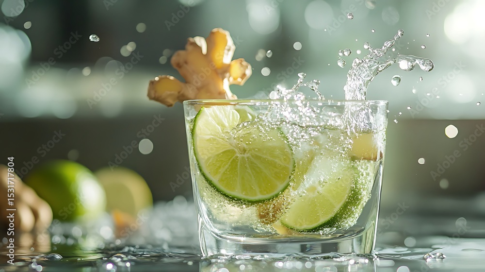 Poster refreshing lime and ginger drink with water splashing