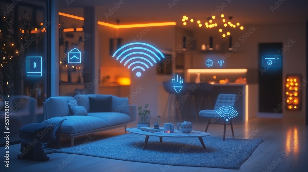 Poster smart home interior with futuristic wifi network interface and digital icons displayed on furniture 
