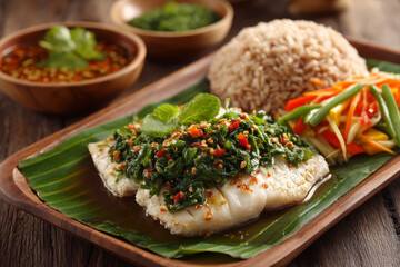 Delicious steamed fish with herbs, served on banana leaf, accompanied by rice and vegetables