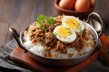 Delicious steamed rice topped with garlic pork and boiled eggs, garnished with herbs