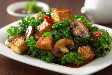 Delicious stir fried kale with tofu and mushrooms, garnished with chili for vibrant touch