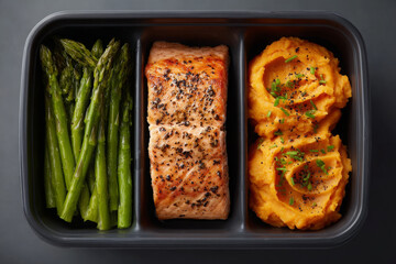 Healthy meal prep box with salmon, asparagus, and mashed sweet potatoes, perfect for nutrition