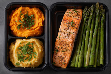 Healthy meal prep box with salmon, mashed potatoes, and asparagus, perfect for nutritious eating