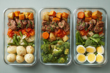 Healthy meal prep in glass containers with vegetables, protein, and eggs
