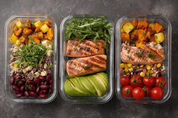 Healthy meal prep with grilled salmon, vegetables, and grains in glass containers