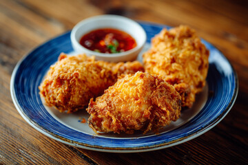 Crispy fried chicken pieces served with spicy dipping sauce on blue plate