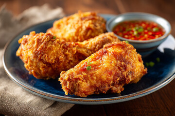 Crispy fried chicken pieces on blue plate with dipping sauce, perfect for sharing and enjoying