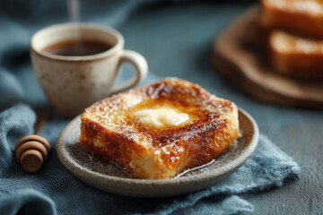 Delicious toast topped with butter and sugar, served with coffee for cozy breakfast