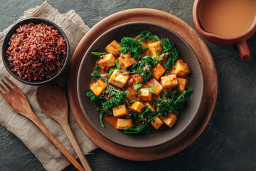 Delicious tofu and kale stir fry served with red rice, perfect for clean lifestyle