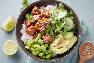 Delicious tofu poke bowl with rice, edamame, cucumber, avocado, and sesame seeds