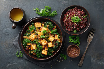Vibrant tofu and kale stir fry served with red rice, garnished with fresh herbs, evokes healthy