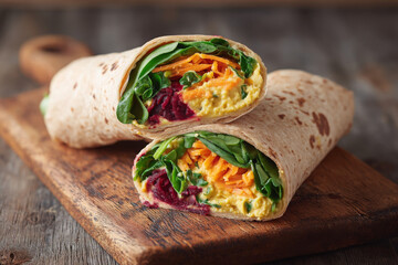Fresh whole wheat wrap filled with hummus, spinach, and shredded vegetables, perfect for healthy