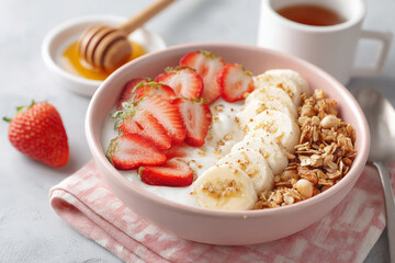 Delicious yogurt bowl with granola, fresh strawberries, and banana, perfect for breakfast