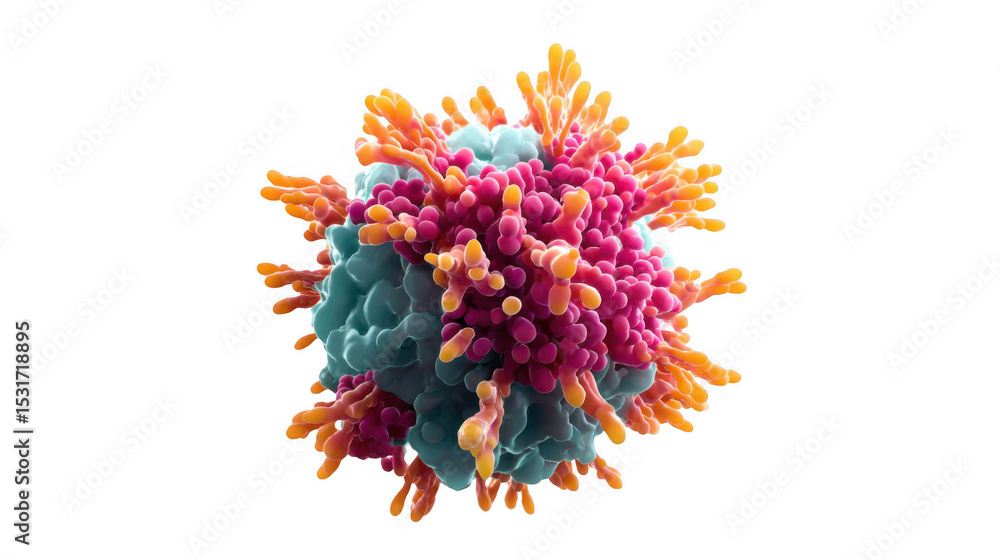 Poster colorful 3d rendering of a b cell generating antibodies, isolated on a transparent background, usefu