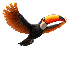 Vibrant toucan with striking orange beak is soaring gracefully against transparent background, showcasing its colorful feathers and dynamic wings. This lively bird embodies essence of tropical