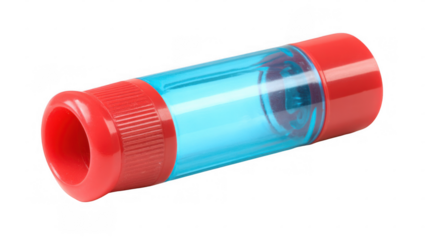 Pediatric inhaler chamber laying down, featuring red plastic ends and a transparent blue central section, isolated on a transparent background, ideal for health and medical related projects