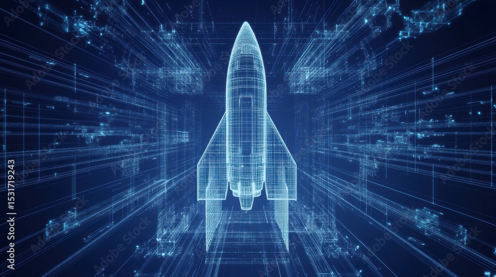 Poster wireframe rocket launching through digital space.