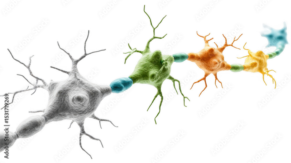 Poster dopamine molecules are passing from one neuron to another in a chain reaction, creating a network of