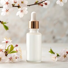 A white cosmetic serum dropper bottle with a rose gold accent sits centered on a light surface, framed by delicate white cherry blossoms.