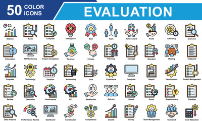 Performance Review Icon Set Collection. Containing Statistics, Audit, Survey, Score, Standard, Competence, Review, Evaluation, Performance, Result, Data Analysis. Simple Color Vector Illustration.