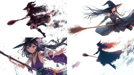 Four digital illustrations of stylized anime witches flying on broomsticks