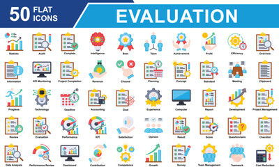 Performance Review Icon Set Collection. Containing Statistics, Audit, Survey, Score, Standard, Competence, Review, Evaluation, Performance, Result, Data Analysis. Simple Flat Vector Illustration.