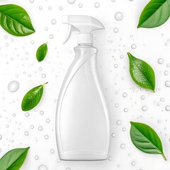 A clear trigger spray bottle stands upright on a white surface covered in water droplets, surrounded by several vibrant green leaves.
