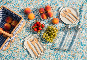 Overhead flatlay of sustainable picnic with local fruit