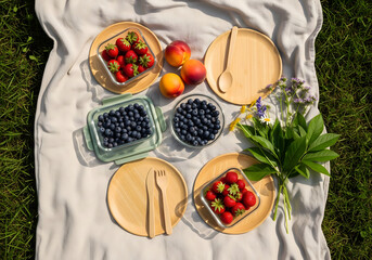 Overhead flatlay of sustainable picnic with local fruit