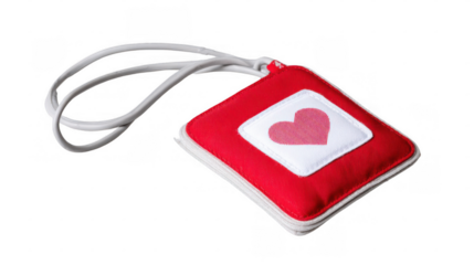Red automated external defibrillator - aed - case featuring a prominent white heart symbol, complete with a lanyard for easy carrying, isolated on a transparent background