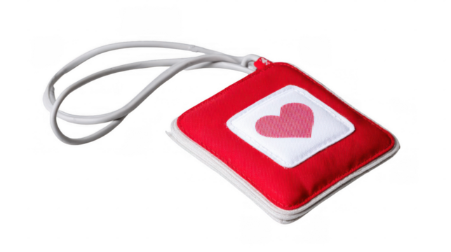 Red automated external defibrillator - aed - case featuring a prominent white heart symbol, complete with a lanyard for easy carrying, isolated on a transparent background