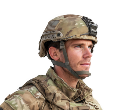 Soldier in tactical gear, wearing camouflage helmet and uniform, gazes confidently into distance. image captures essence of military readiness and determination