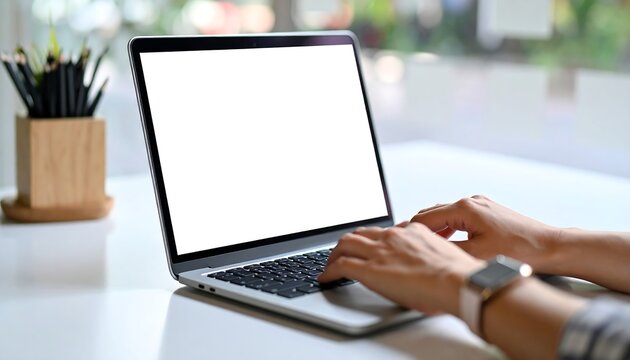Fingers type on a blank white laptop screen, situated on a clean table surface, indoors office space