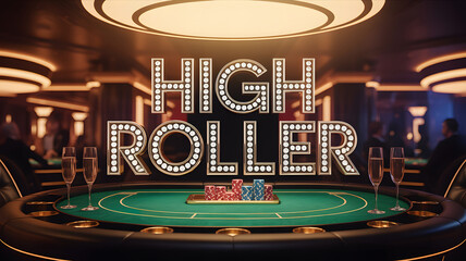 Elegant casino scene with chips and champagne under glowing "HIGH ROLLER" text
