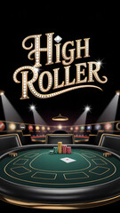 Luxury poker table under spotlights with "High Roller" text in diamond lights

