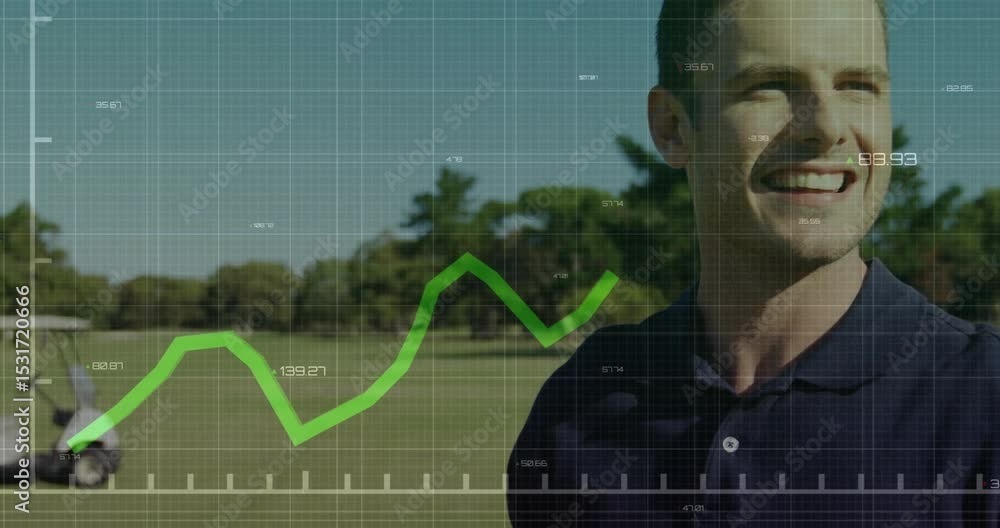Poster golfer smiling initiating grid overlay with animated graph tracking golf analytics feedback